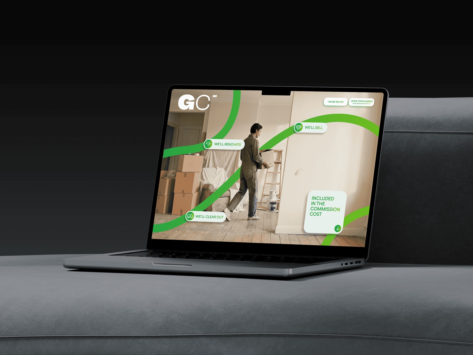 The G Clearance homepage on a laptop, showing a flat being cleared and repainted