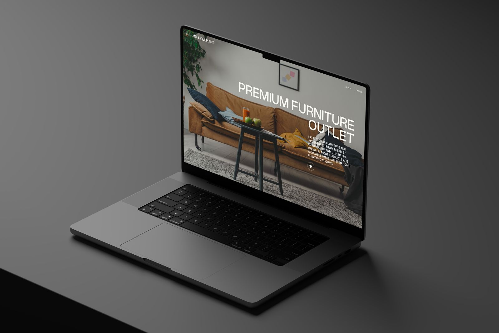 The HOMEPOINT premium furniture outlet homepage on a laptop