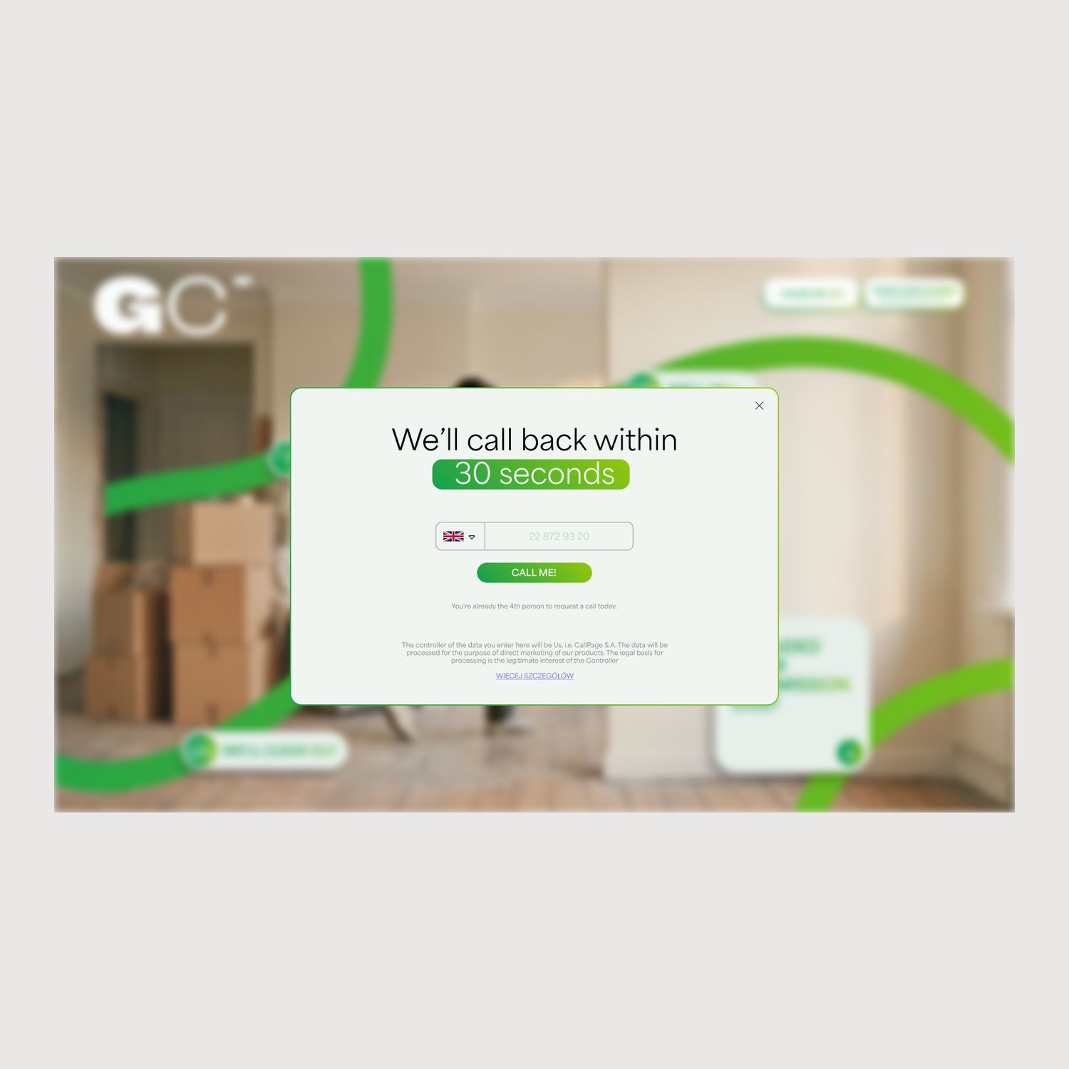 The G Clearance callback widget, offering to ring back within 30 seconds