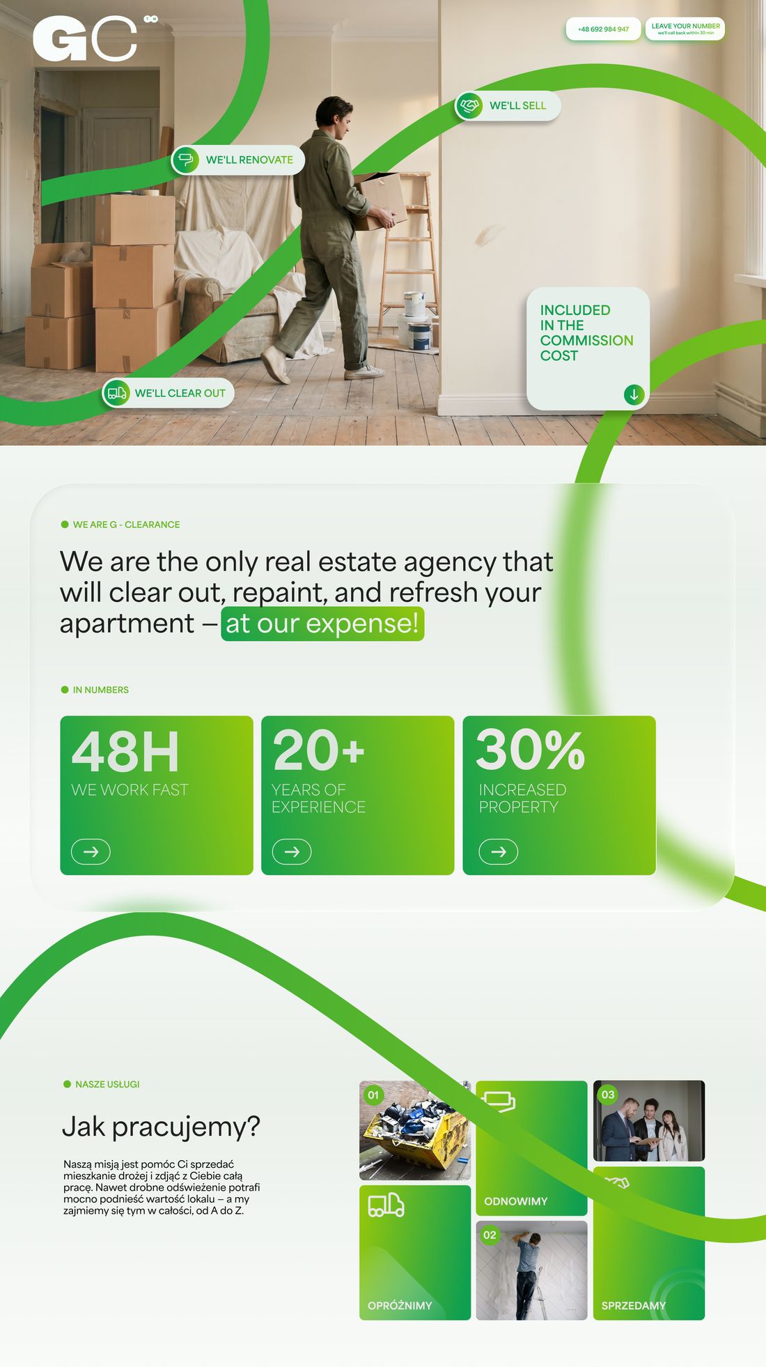 The full G Clearance homepage from hero to the “Jak pracujemy?” section
