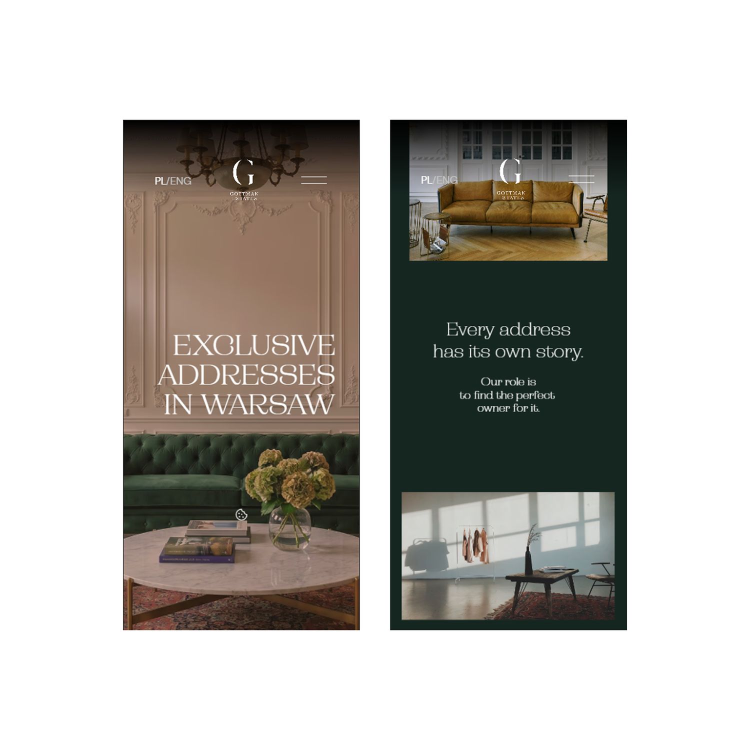 Mobile screens showing the Gottman Estates listings and brand story