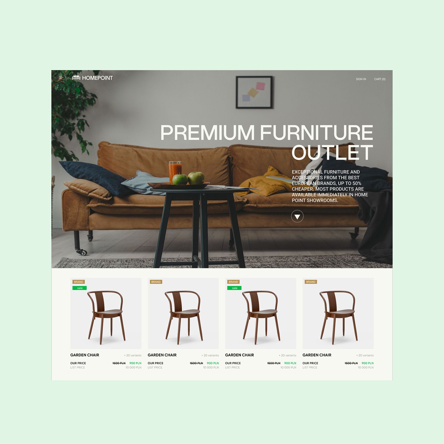 The HOMEPOINT hero above a product grid showing each chair with its price