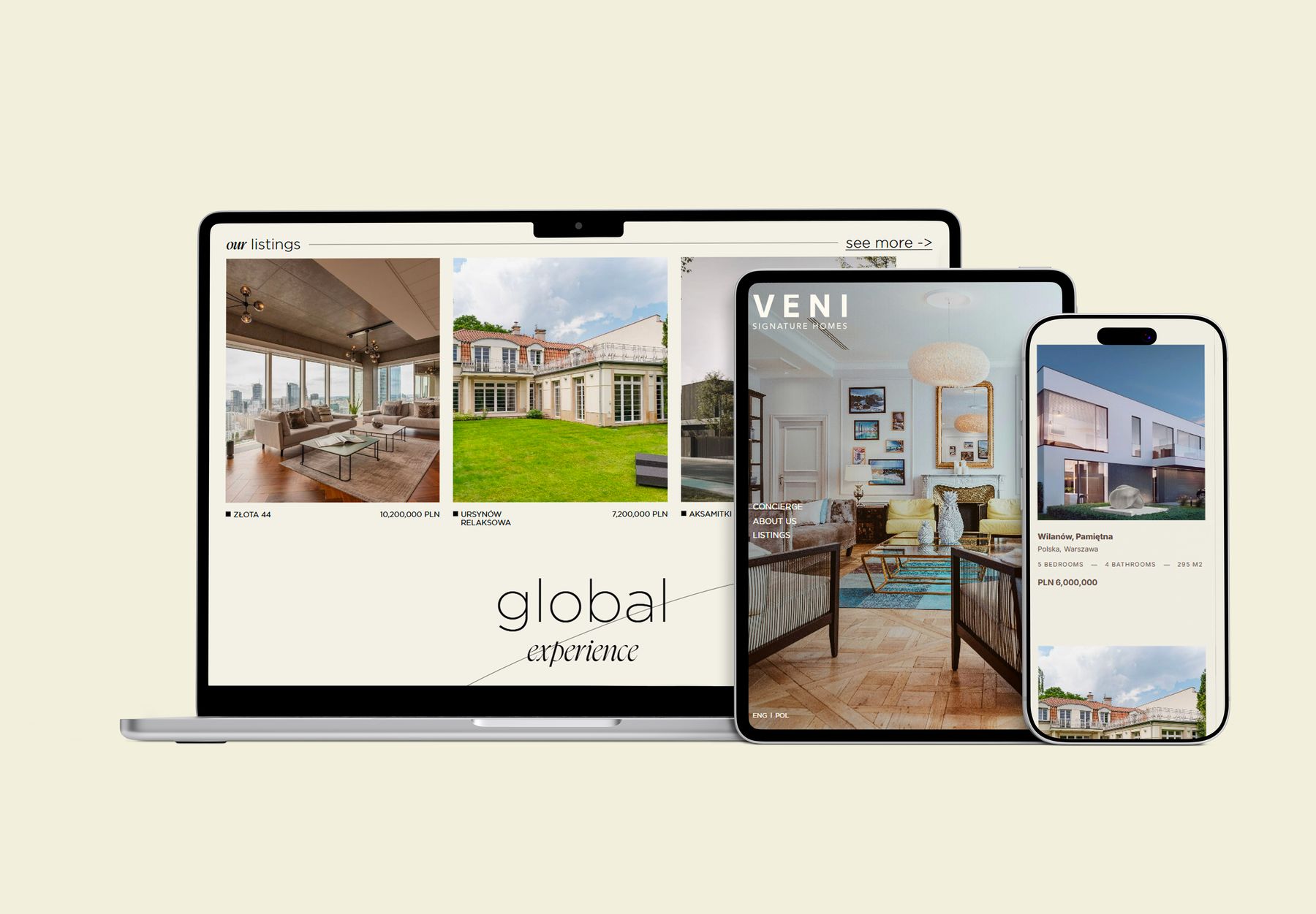 The Veni listings grid and mobile property detail shown across three devices