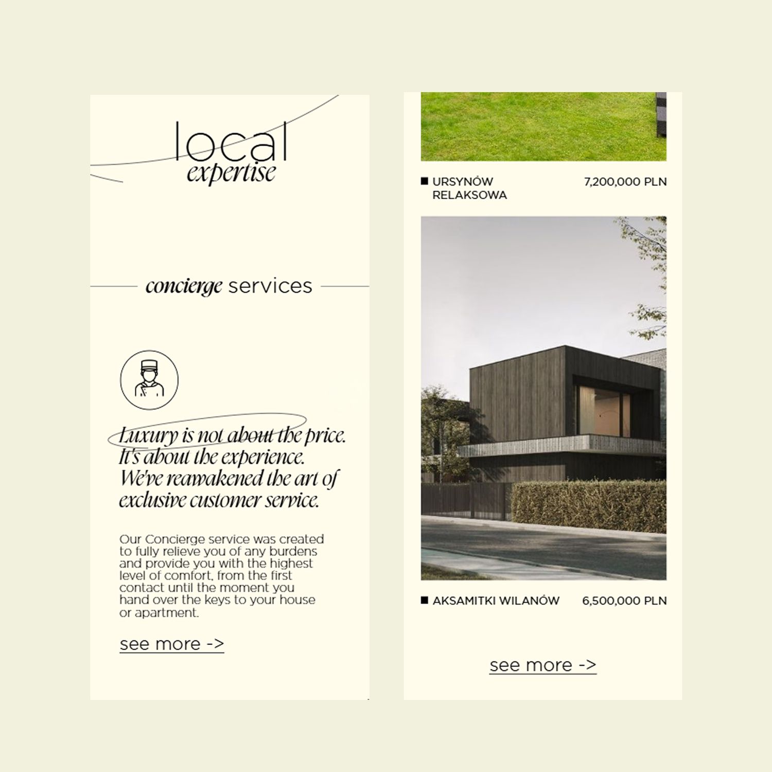 The Veni “local expertise” concierge section beside two Warsaw listings