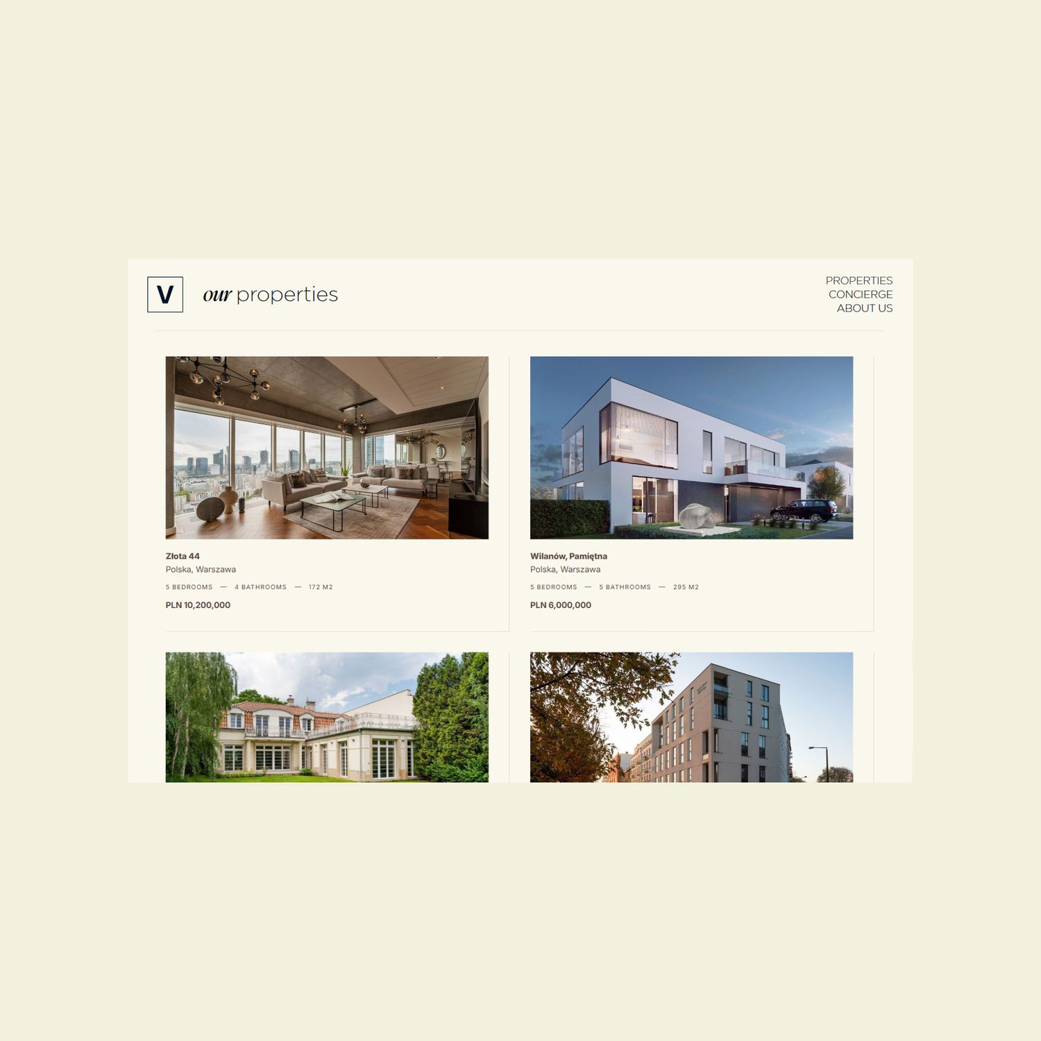 The Veni properties grid, each listing with location, size and price